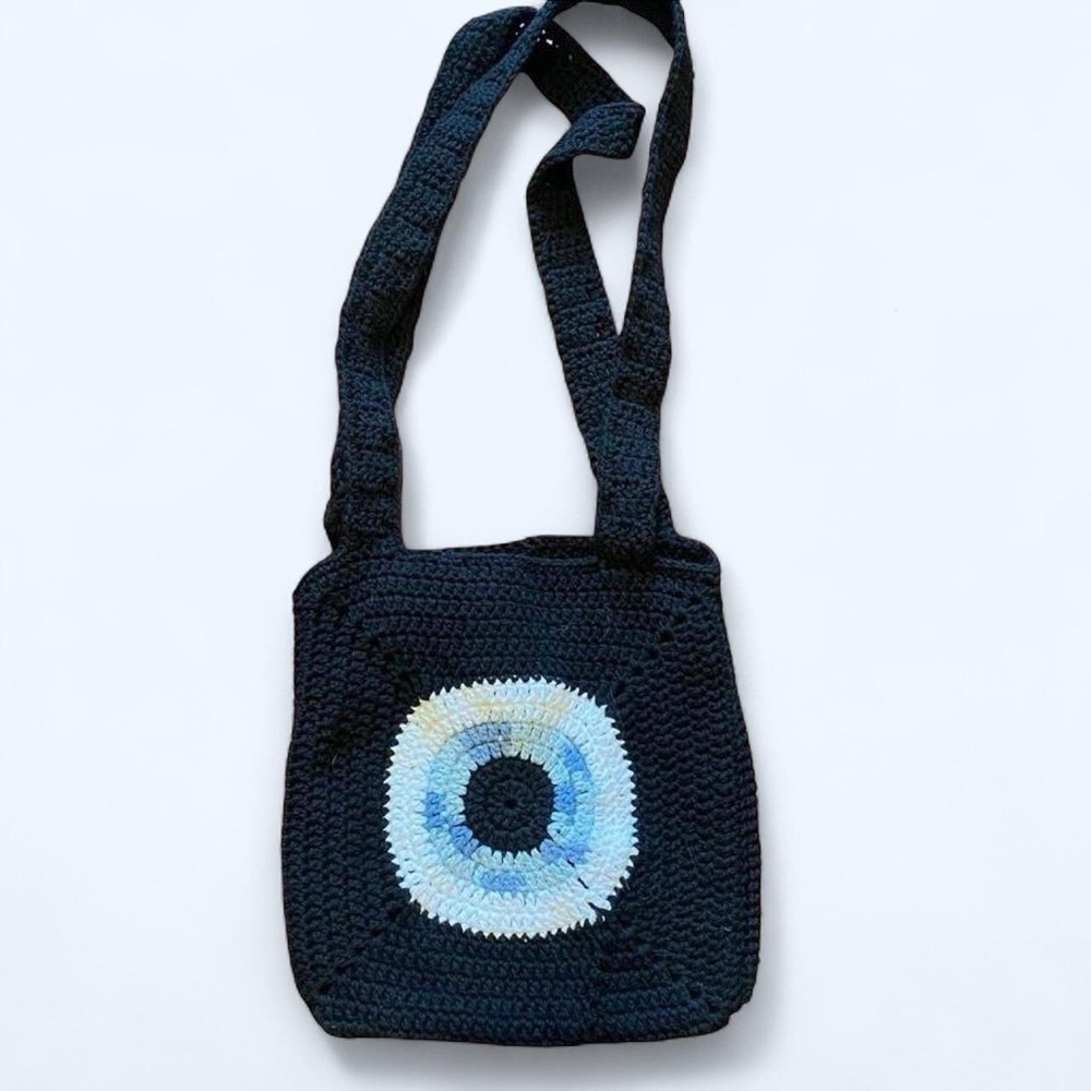 Handcrafted Black Crochet Bag with Evil Eye Accent